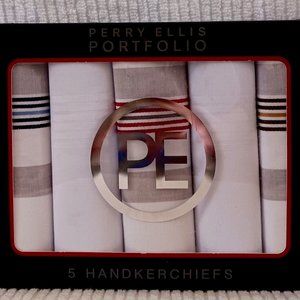Perry Ellis 5 Piece Handkerchiefs White Solid Multiple Stripe Mens NEW Sealed